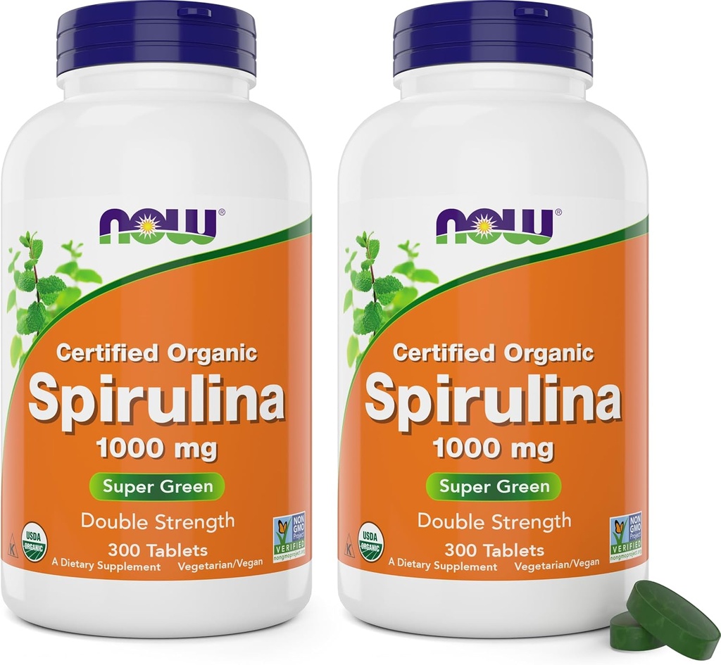 ACUM alimente Spirulina comprimate de 1000 mg organice - 300 Conte (Pachetul de 2) - non-GMO, Super Green Whole Food Supliment - Dublu puterea 1000 mg - Natural ocurent Beta-Caroten (VIT A), B-12 și GLA