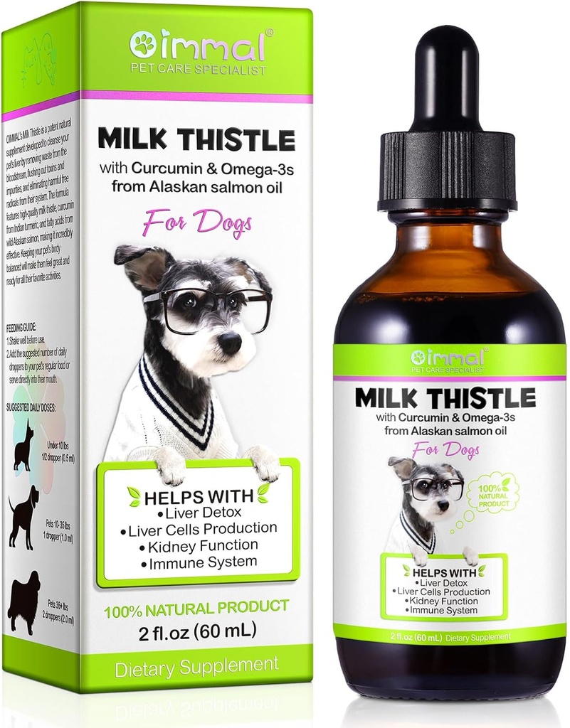 Lapte Thistle pentru câini, Dog Picături de sprijin pentru ficat - Dog Milk Thistle ajută Dog Ficat Detoxifiere, Animale de companie Supliment Tratează cu ulei de somon, Curcumin C3 Complex și Omega 3 EPA & DHA, Bacon Flavor - 2 fl.oz
