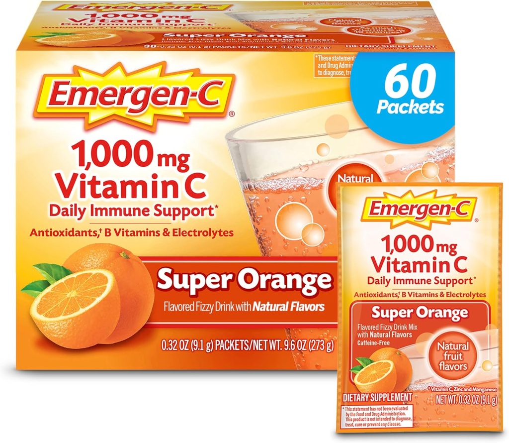 Emergen-C 1000mg Vitamina C pulbere pentru suport imunitar zilnic Cafeina suplimente de vitamina C gratuit cu zinc și mangan, vitamine B și electroliți, Super Orange Flavor - 60 Conte/2 lună de aprovizionare