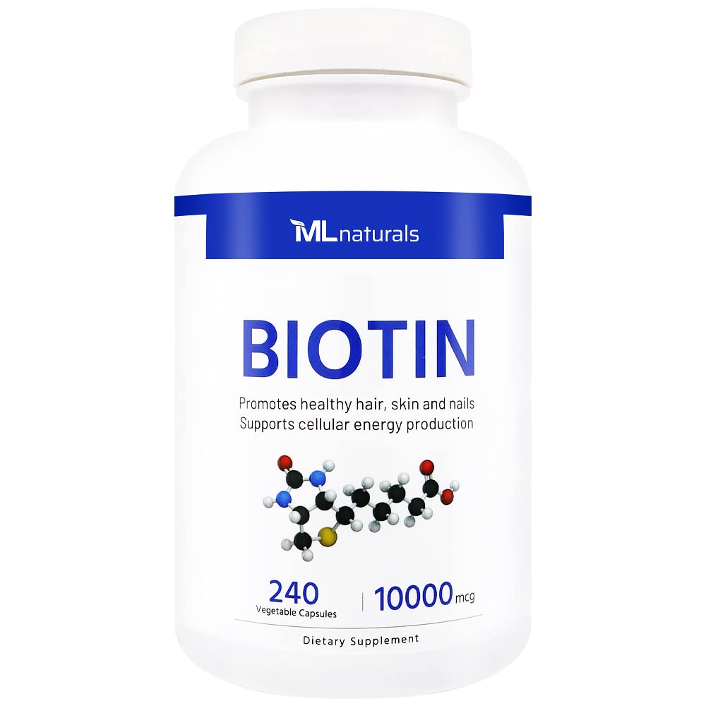 ML Naturals Biotin 10000 mcg 240 Capsule vegetale. Suportă păr sănătos, piele, unghii, și producția de energie, NSF-Certified & cGMP-Compliant