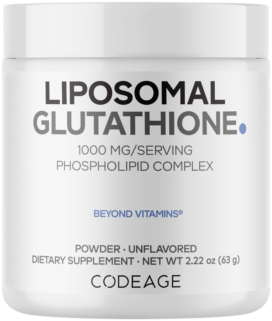 Codeage Liposomal Glutatione pulbere - 1000 mg Vegan redus L-glutation per servire, Livrare lipozomal - 2 luni de aprovizionare - Nearomat - Fosfolipid - Non-GMO Gluten-Free - 2,22 Oz