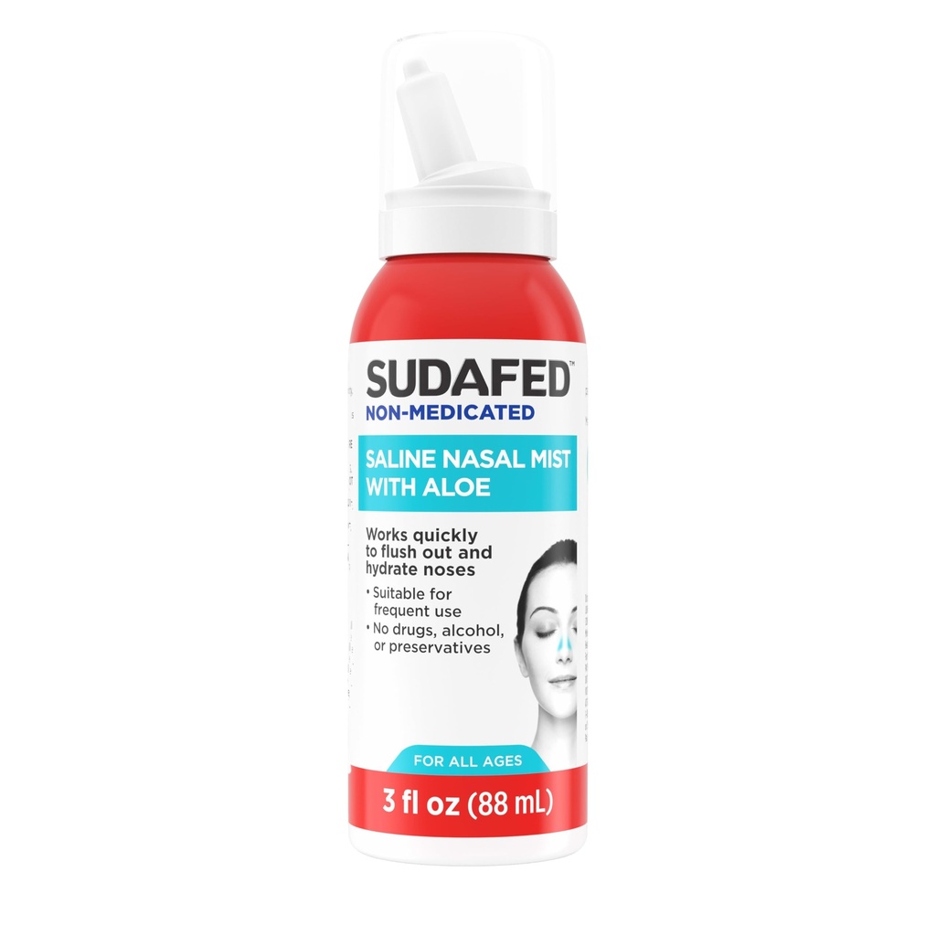 Sudafed Non-Medicated Saline Nasal Mist with Aloe, Sinus Saline Nose Spray for All Ages Quickly Flushes & Moisturizes Nasal Passages, Use Nasal Mist as Often As Needed, Drug-Free, 3 fl. oz