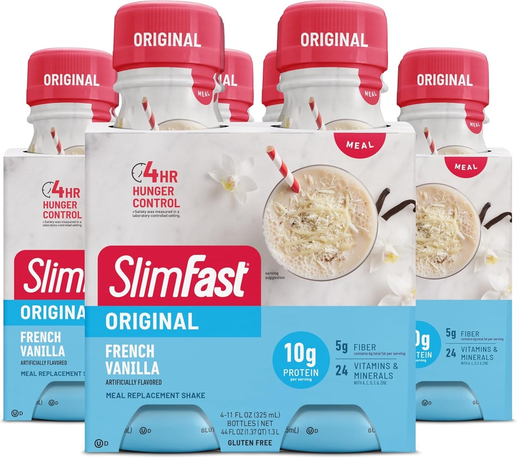 SlimFast Meal Replacement Shake, Original French Vanilla, 10g de gata să bea proteine, 11 Fl. Oz Sticla, 4 Count (Pack of 3) (Packaging May Vary)