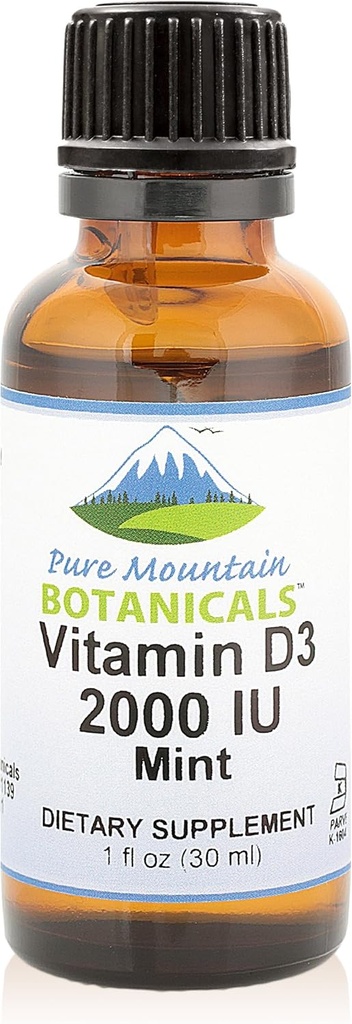 Mountain botanica pura aroma de vitamina D picături de menta aroma de vitamina lichid D3-2000iu per servire - 1 oz flacon