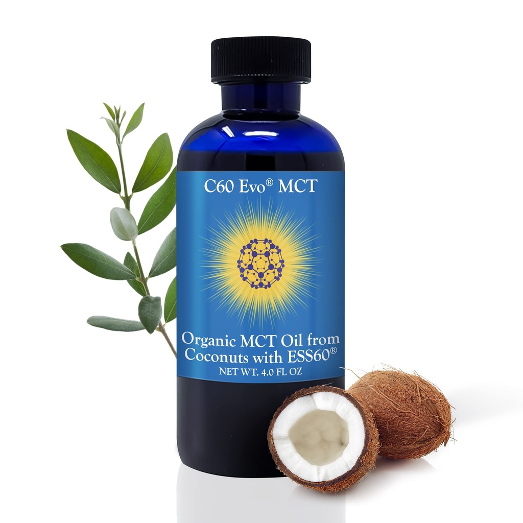 MCT Ulei din nuci de cocos cu C60 ESS60, Suport Imun, Ajutor de somn bogat în antioxidanți, Flexibilitate și Suplimentul comun de sprijin, promovează MCT Wellness pentru energie Boost (4 oz)