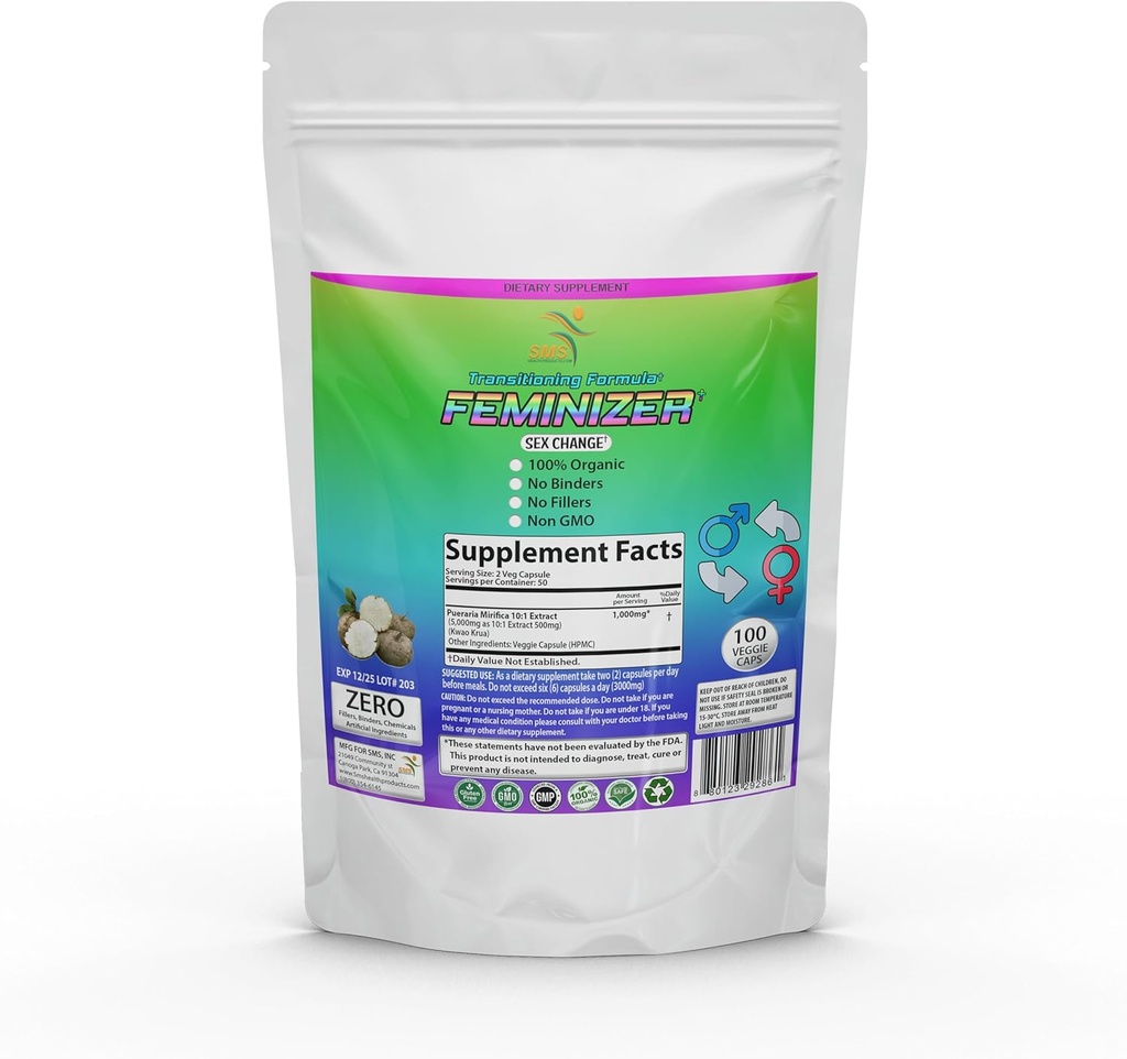 Feminizer Pastile de schimbare de sex prin SMS, 100 Veggie Caps Pueraria Mirifica Pentru Estrogen 1000mg Pure 10:1 Root Extract pulbere - Kwao Krua Kao - Grad premium, Organic pentru femei, Transgender, Ladyboy, LGBT