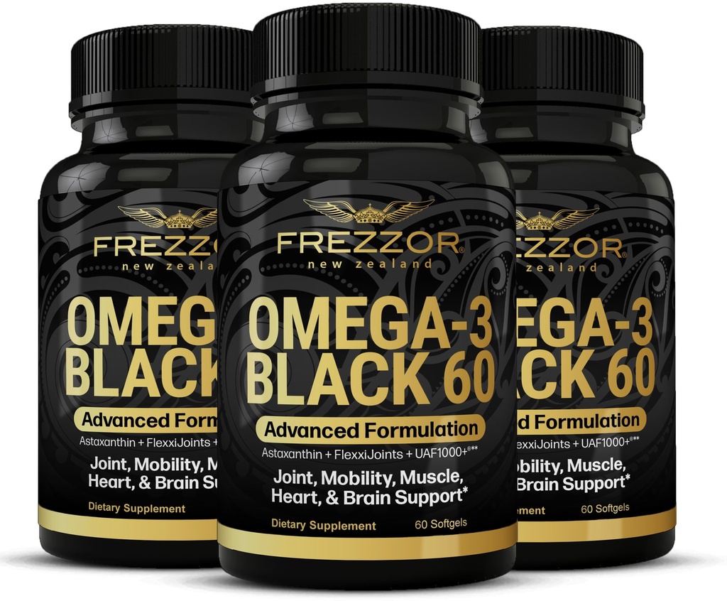 FREZZOR Omega 3 Negru pentru Ingrijire comuna & Comfort - Noua Zeelanda Green Picurat capsule de ulei Mussel; 53x Potenta superioara cu UAF1000+ Super Antioxidant, Nu gust de pește, 60 Conte (Pachet de 3)