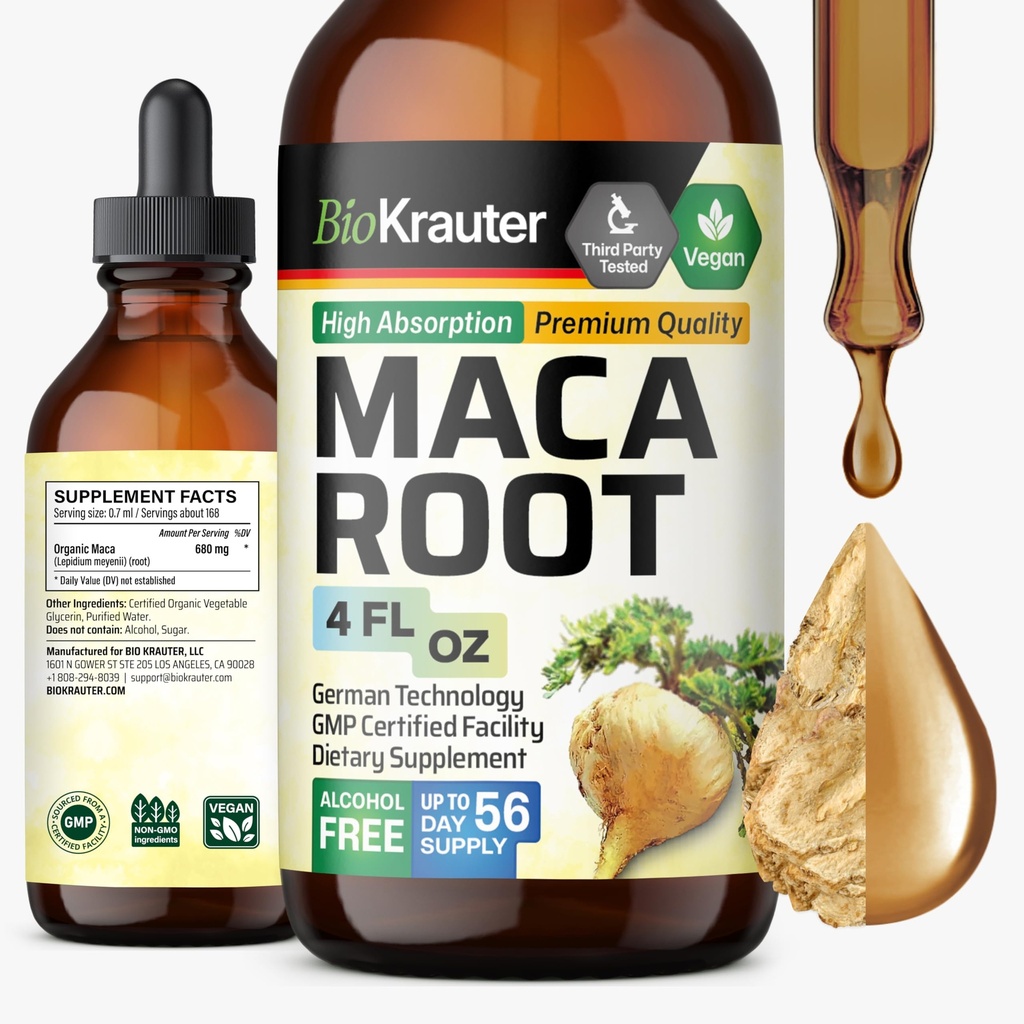 BIO KRAUTTER Maca Picături lichide rădăcină - Maca extract de tinctură - Vegan, zahăr și alcool Extract gratuit 4 Fl.Oz.