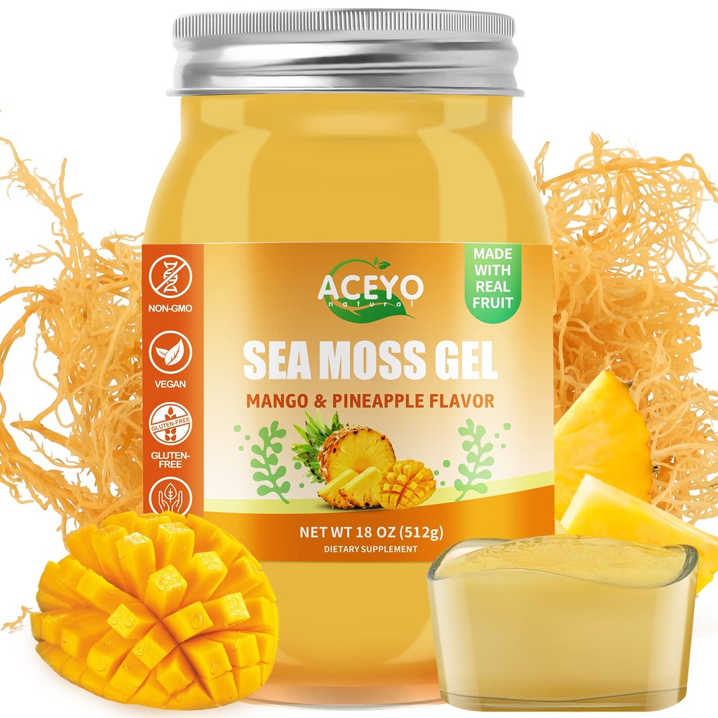 ACEYO (18 OZ) Irish Sea Moss Gel Raw Vegan Mango Ananas aroma 102 Vitamine și Minerale Wild recoltat non-GMO