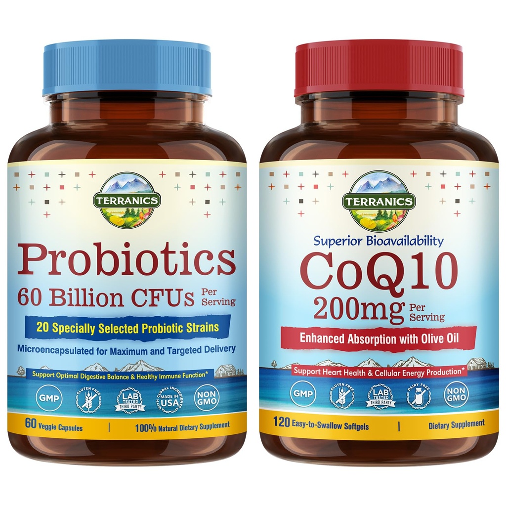 Terranics Probiotics & CoQ10 Bundle, Heart & Digestion Health, 60 miliarde Probiotice, Bioactive Coenzime Q10 200mg, Extra Virgin Olive Oil, Bundle & Save