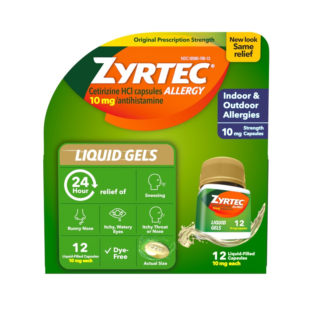 Zyrtec 24 ore Alergie Relief Geluri lichide, Antihistaminice Capsule cu Cetirizină HCl Alergie Medicină pentru Relief All- Day de la Runny Nose, Stranezing, Itchy Eyes & More, 12 Conte