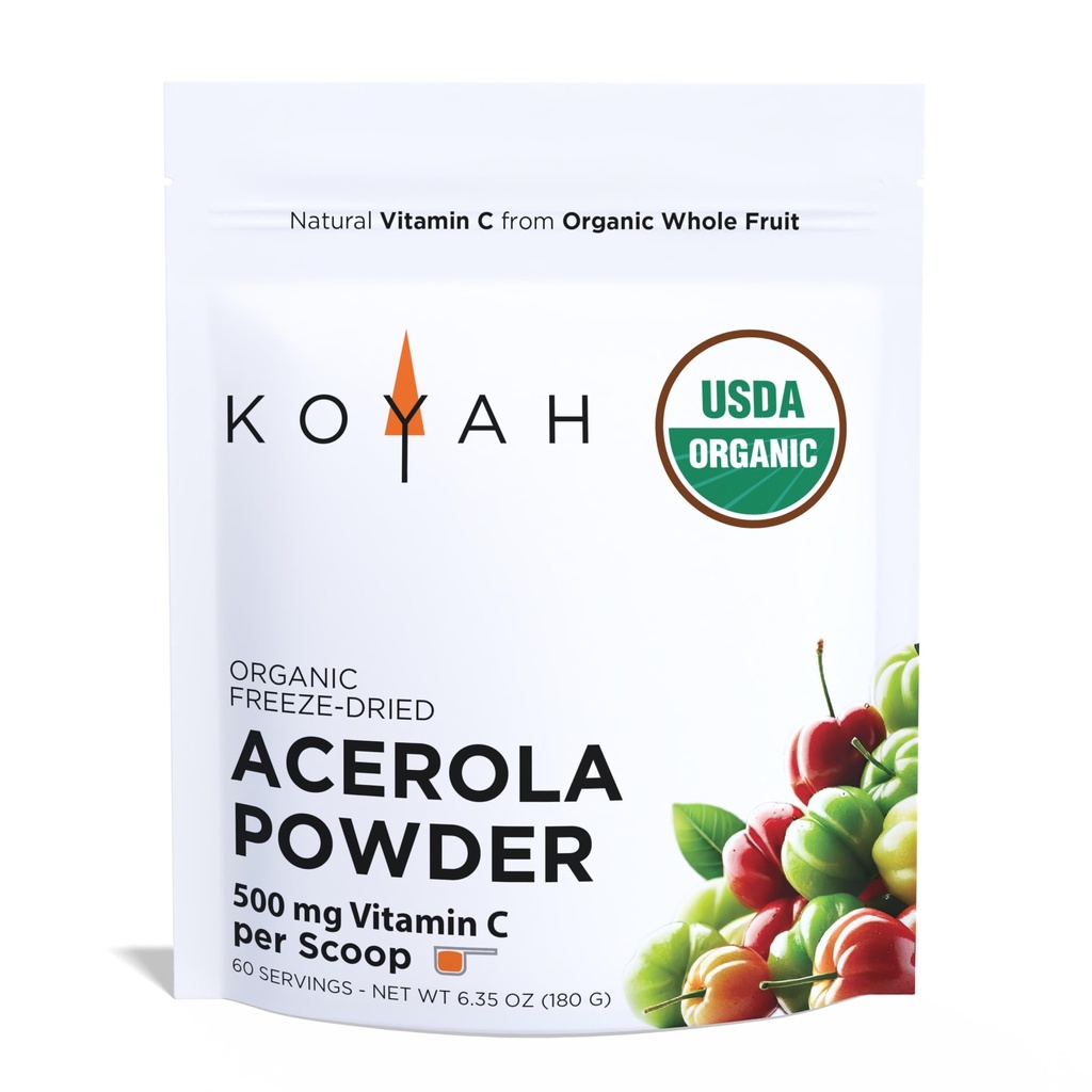 KOYAH - Pudră organică de acerola: Congelat-Dryd, 100% Pure, 500 mg Vitamina Naturală C per Scoop, Whole-Food, Non-GMO, Vegan, 60 Servings, Made from acerola Cirese cultivate în Brazilia