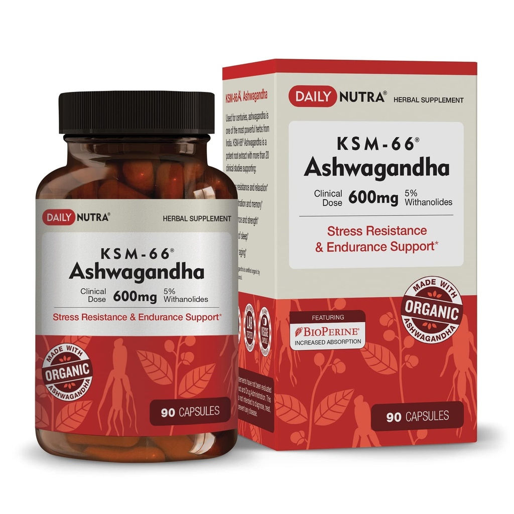 DailyNutra KSM-66 Ashwagandha 600mg extract de rădăcină organică - supliment de mare potenta cu 5% Witanolide 