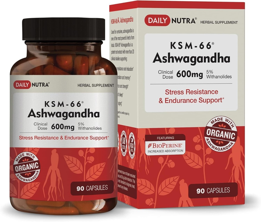 DailyNutra KSM-66 Ashwagandha 600mg extract de rădăcină organică - supliment de mare potenta cu 5% cucanolide 