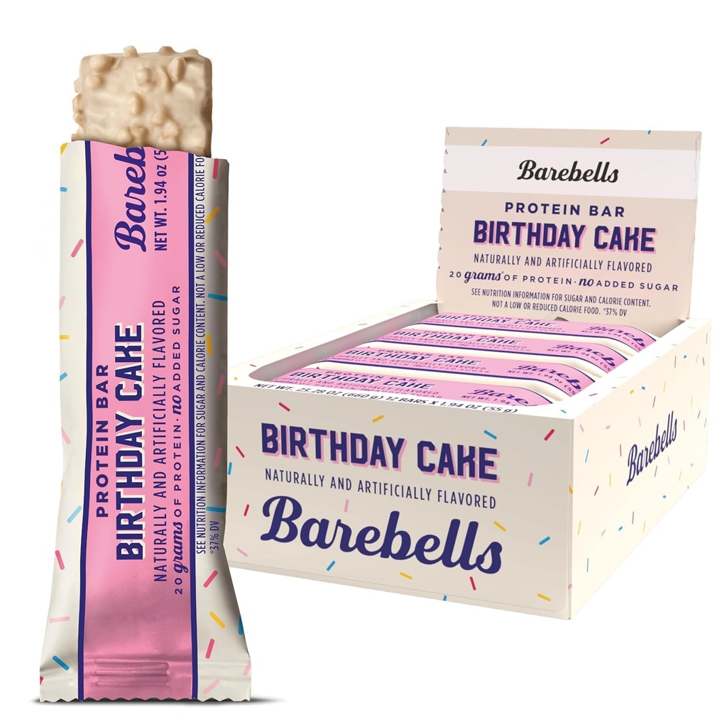 Barebells Proteine Baruri de nastere Tort - 12 Conte, 20g Trateaza proteine mari - Ciocolata Nutritie Bar cu 1g Total Zaharuri - On-The-Go Mic dejun sau post-Workout Snack