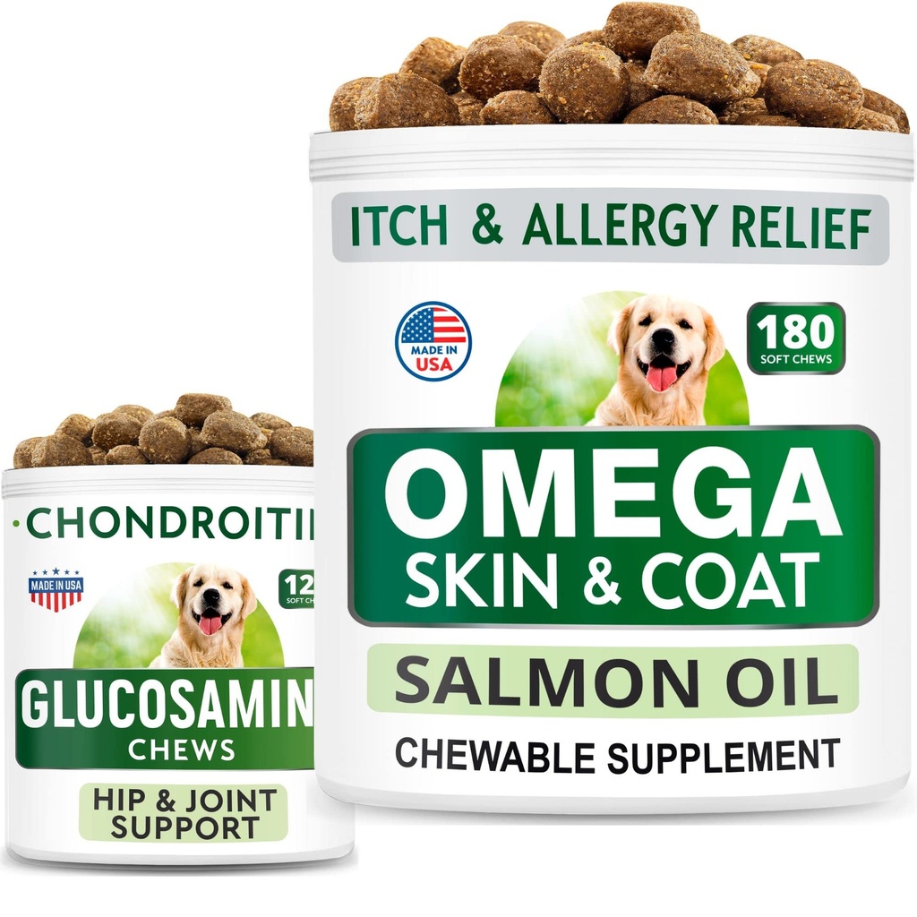 BARK&SPARK Glucosamine Dog Treats + Omega 3 pentru câini Bundle - Hip Support and Joint Pain Relief Supplement + Fish Oil Chews for Shedding, Skin Allergy, Itch Relief, Skin and Coat Supplement