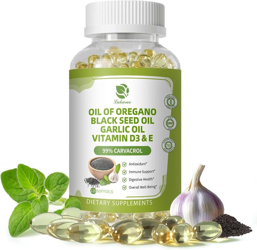 Lukaree Oregano Capsule de ulei cu ulei de semințe negru, ulei de usturoi, vitamina D3 E, 99% Carvacrol concentrat ridicat - Antioxidant, Immune & Digestive de sprijin*, 120 Softgels Caps, 60 Day Supply, Non-Gambog