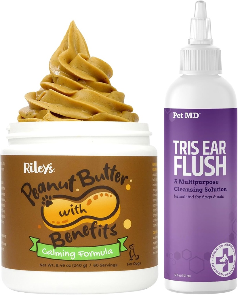 Pet MD Veterinary Tris Ear Flush + Riley's Calming Peanut Butter for Dogs