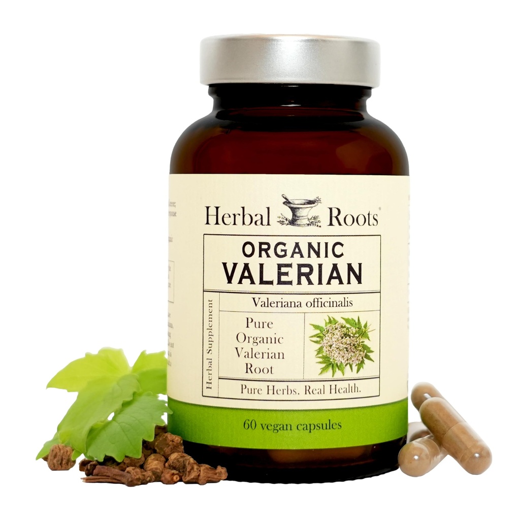 Rădăcini de plante pure capsule de rădăcină de valeriană organică - 900 mg - Non-Habit Forming with no Melatonin, Non-GMO - 60 Count capsule de Vegan, Supliment vegetal
