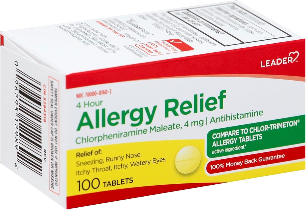 Lider 4 ore Alergie Relief, Clorfeniramina Maleate 4 mg comprimate, Rapid-Acționare ajutor pentru Strănut, Runny nas, Itchy Eyes, Alergii, 100 comprimate