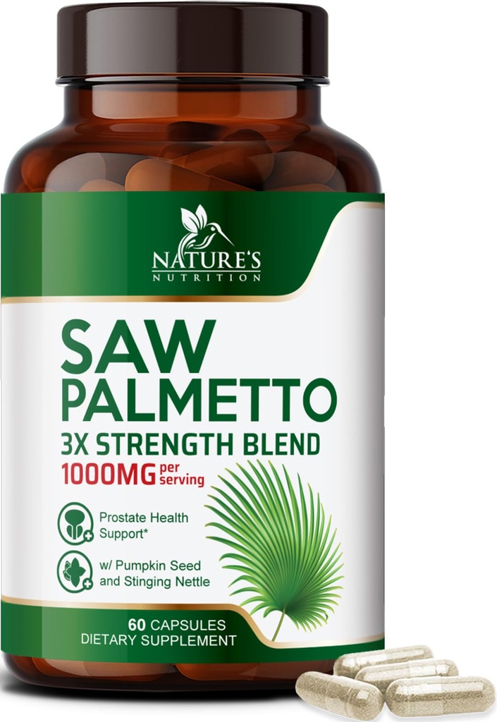 Saw Palmetto pentru barbati 1000MG - 3X Rezistenta supliment de sanatate prostata - Suplimentul de extract de plante - Suplimente de prostata pentru barbati de sprijin pentru sanatate, prostata si par - 60 capsule