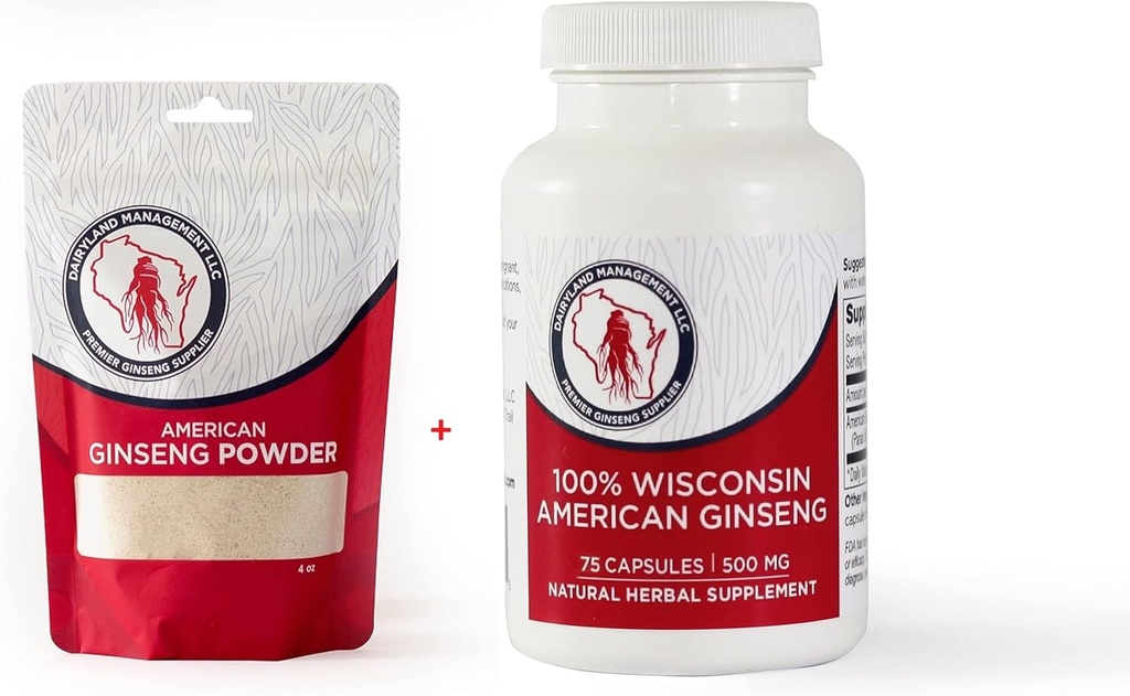 Dairyland American Ginseng Powder 4 oz şi capsule 75 ct Pachet de Wisconsin Ginseng 