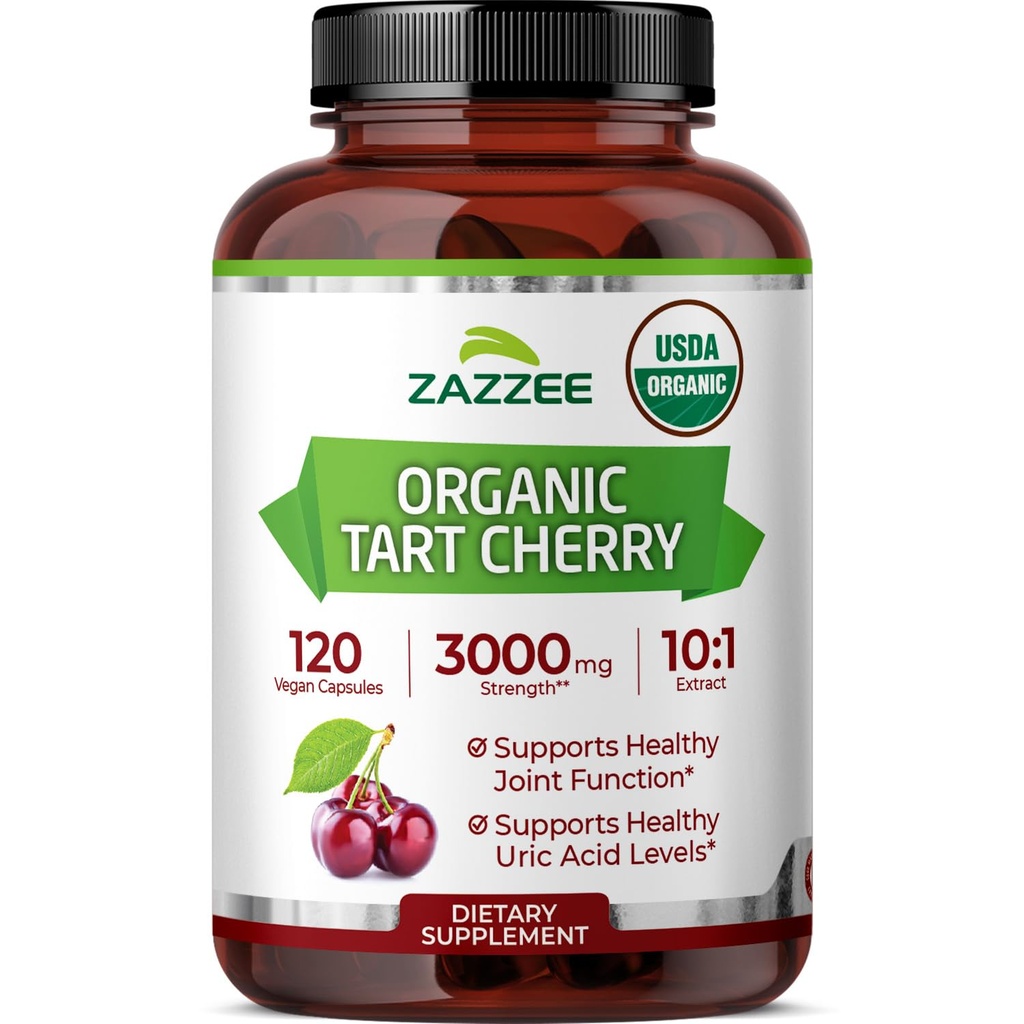 Zazzee USDA Organic Tart Cherry 10:1 Extract, 3000 mg Putere, 120 capsule Vegan, 4 luni de aprovizionare, Standardizat, concentrat 10X Extract, 100% Vegetarian, Certified Organic, All-Natural și non-GMO