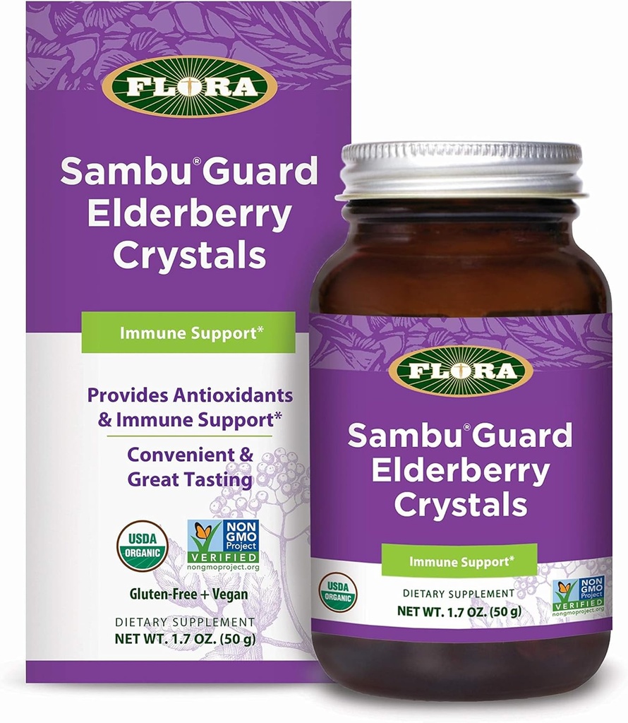 Flora - SambuGuard Elderberry Cristals, Oferă suport antioxidant și imun, Consolidarea Imunitate, Detox Body, Boost Energy, 1.7-oz. Pulbere