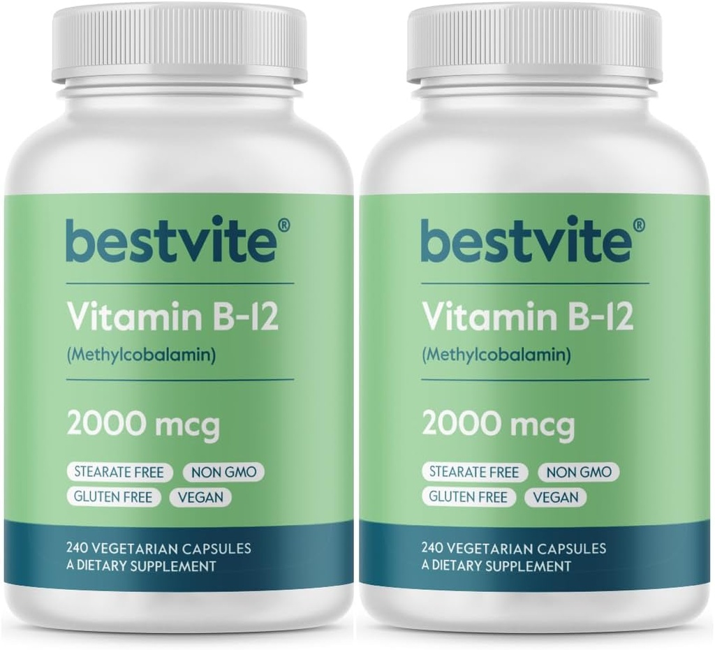 BESTVITE Vitamin B12 (Metilcobalamină) 2000mcg (480 capsule vegetariene)(2 x 240) (metil B12) - No Stearates - Vegan - Non OMG - Gluten Free