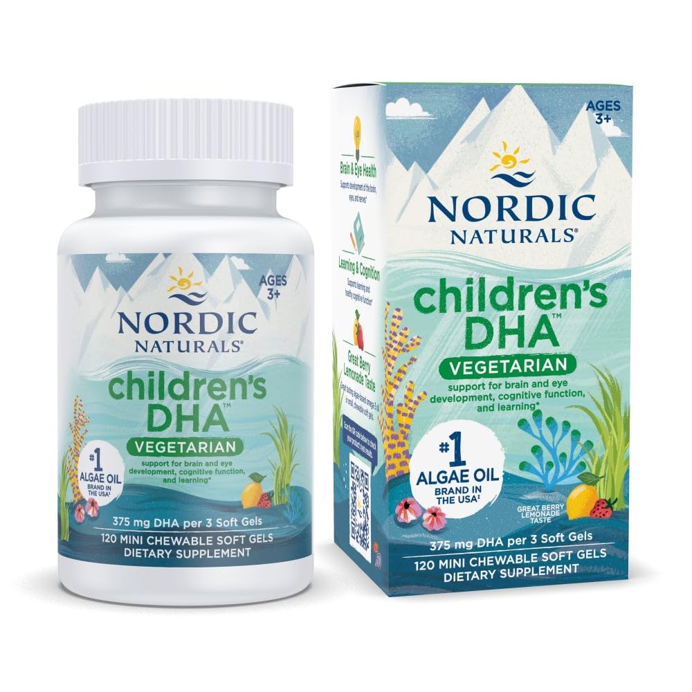 Nordic Naturals Copiii DHA Vegetarian - Copii DHA Omega-3 Supliment - Ulei de Alga - Berry Lemonade Mini Mestecables - Formula de bază pentru plante pentru vârstele 3+ - 120 Geluri moi - 40 Serviri