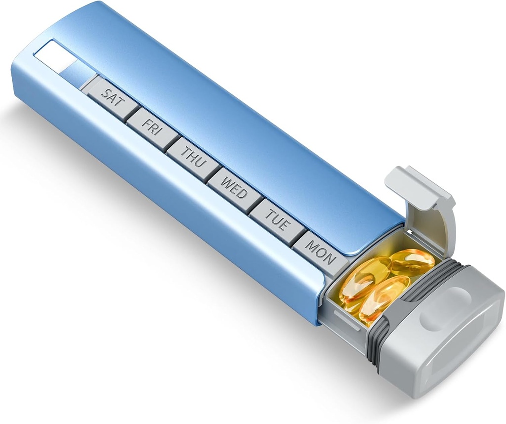Travel Pill Organizator Weekly, 1 timp pe zi ,Upgrade premium Aluminum Aliaj Zilnic Pilula Box 7 zile, Portable Metal Pilula Caz, Cute Pilula Deţinătorul pentru Hold Vitamine, Medicamente, Pastile, Suplimente (Blue)