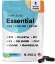 Complement Essential Vegan Multivitamine pentru bărbaţi şi femei (30 Servings, 180 Capsule) cu Omega-3 DHA & EPA, B12, Vitamina D3 & K2, Zinc, Seleniu, Magneziu, Iod - Susţine imunitatea şi sănătatea generală