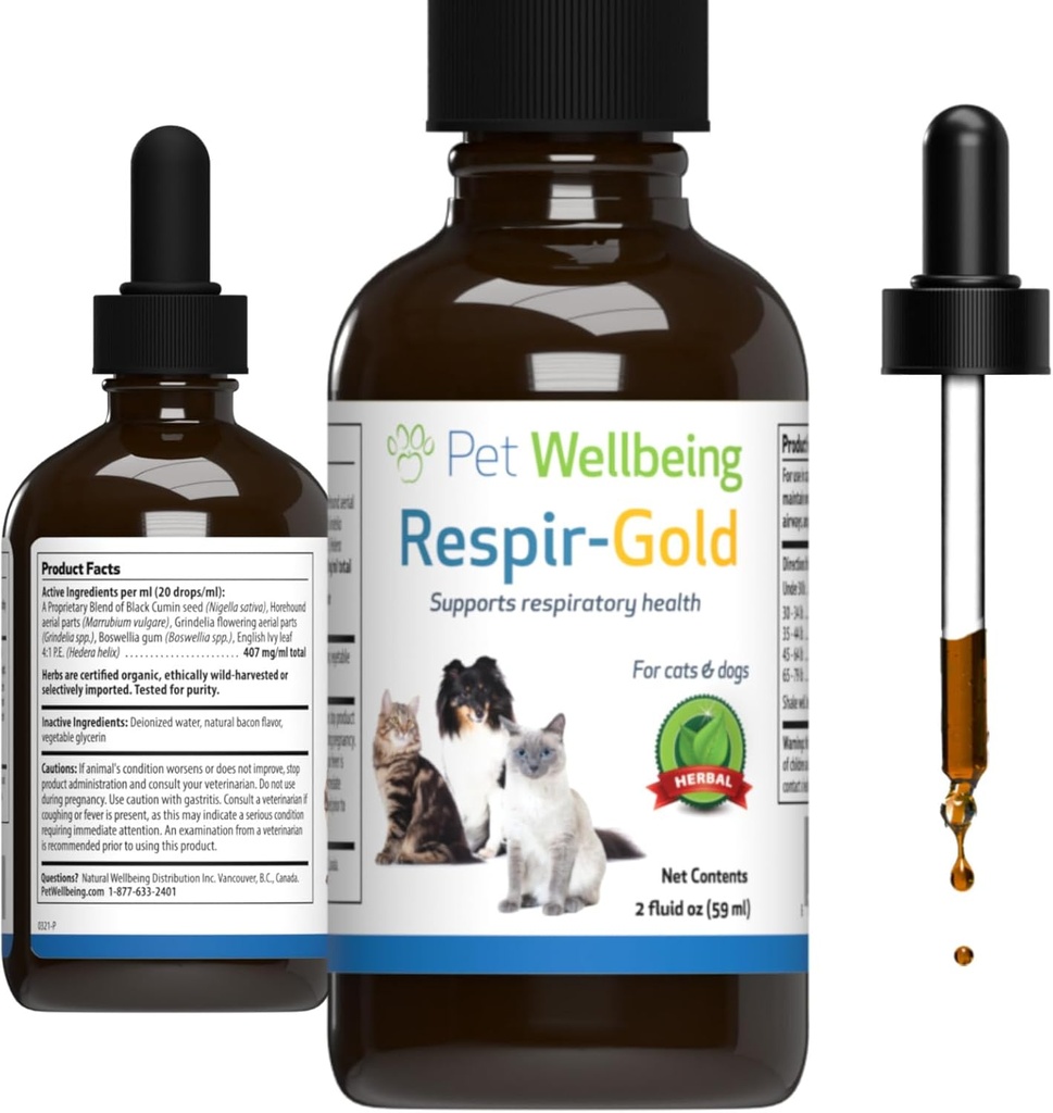 Pet Wellbeing Respir-Gold pentru pisici - Suporturi respirație sănătoasă, Open Airways, Suport respirator, Negru Cumin, Horehound, Grindelia - Suplimentul Herbal cu model veterinar 2 fl oz (59 ml)