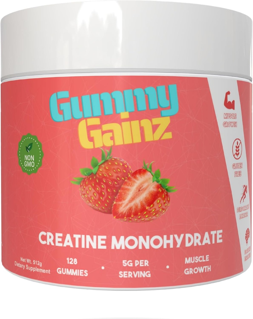 Creatin Monohidrat Gummie Muscle Putere Constructor Gain mai rapid de recuperare 5000mg pentru bărbați și femei Boost energie Pre-Workout Mestecables Supliment 128ct (Regular, Căpșuni)