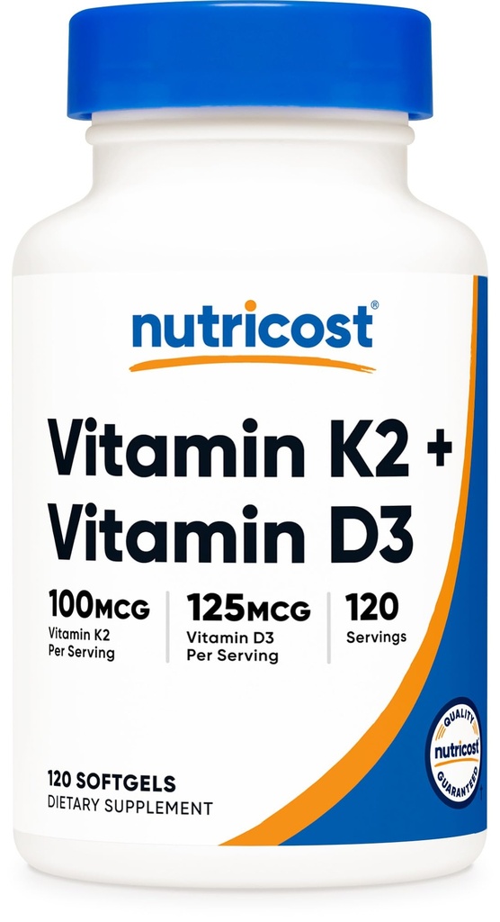 Nutricost Vitamina D3 + K2 (5000 UI D3 / 100mcg MK7), 120 Softgels 