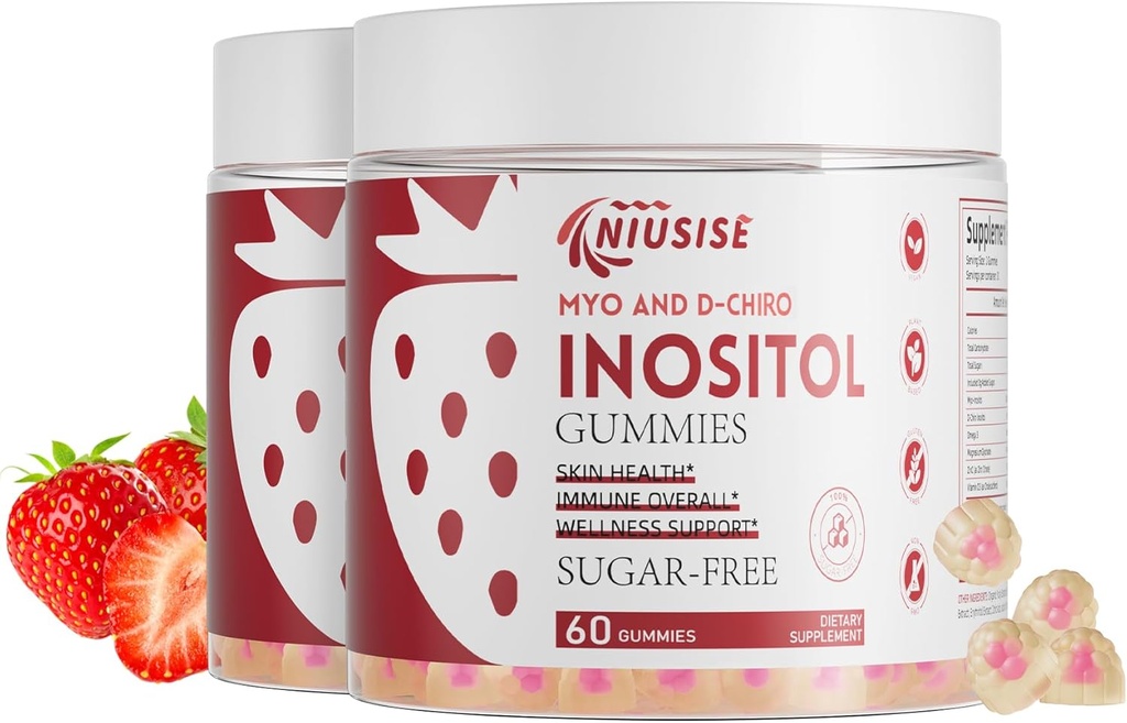 Inozitol Gumies, Inozitol Supliment cu Myo-Inositol & D-Chiro Inositol + Vitamina D3, Ideal 40:1 Raport, cu magneziu Glycinate 400mg, Suportă ciclu regulat pentru femei, Vegan, 2 ambalaj
