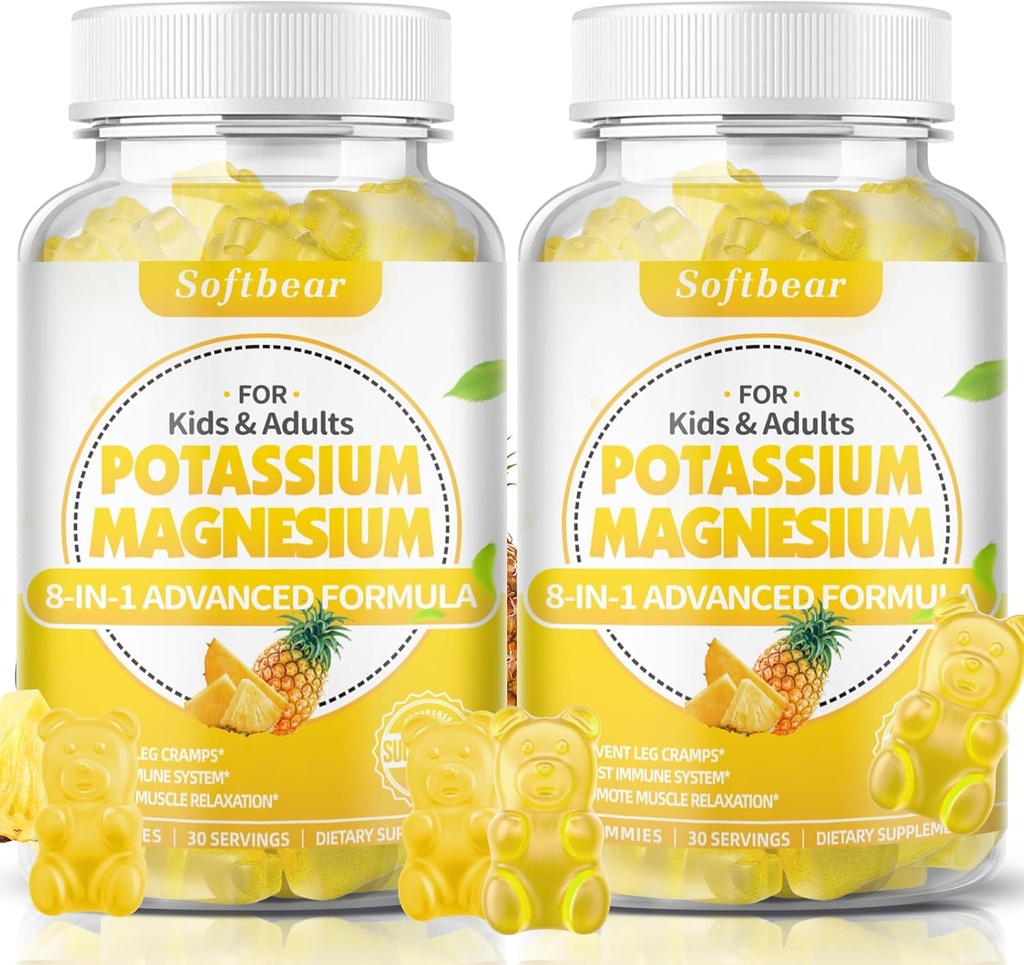 softbear Potassium Gummies for Adults, Sugar-Free Potassium Magnesium Supplement with Vitamin B6 CoQ10 for Muscle Cramps Vegan Pineapple Flavor 120 Gummies