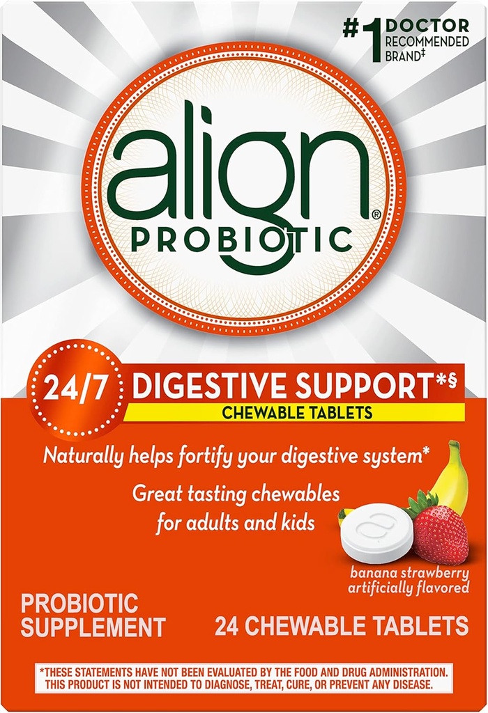 Aliniați Probiotic, Tablete Probiotice masticabile pentru femei și bărbați, Fortificați sistemul dvs. digestiv 24/7 cu Bacterii sănătoase, #1 Probiotic recomandat de medici și gastroenterologi, 24 comprimate