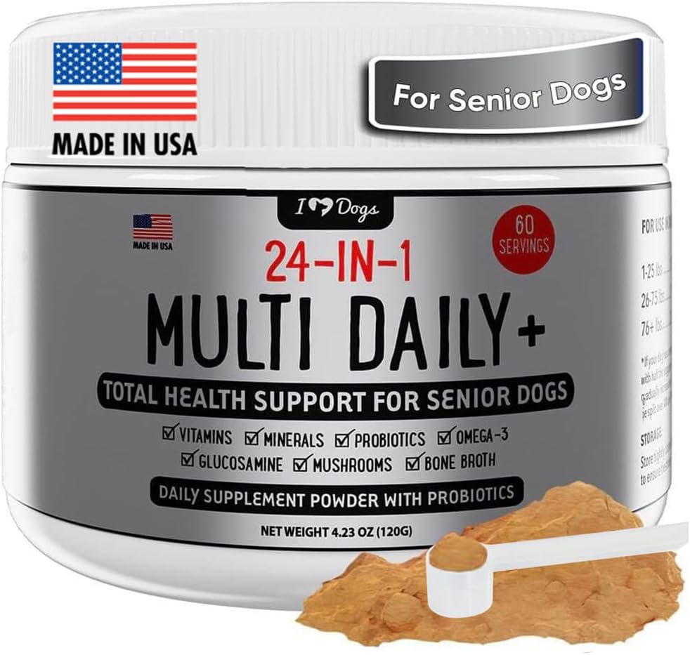 iHeartDogs 24-in-1 Senior Multivitamine Daily+ Total de suport pentru sănătate Pulbere cu Probiotice, Omega-3, Glucosamină, Ciuperci și Broth- 60 Serviri