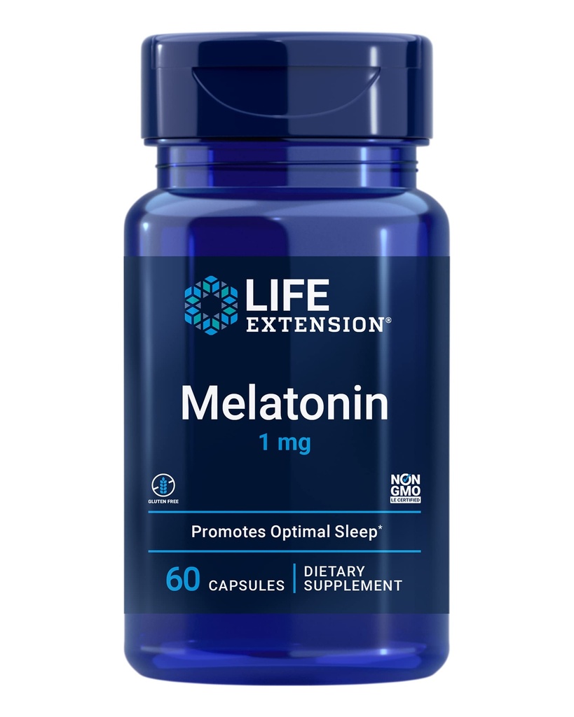 Extensie de viaţă Melatonină 1 mg - Pentru Noapte odihnitoare, Echilibru hormonal şi Sănătate Imună - Eliberare imediată - GMO fără gluten - 60 capsule