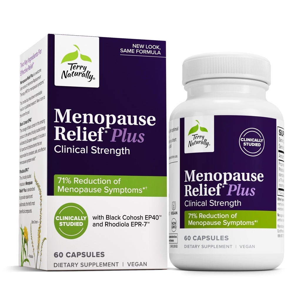 Terry natural Menopause Relief Plus - Menopause Symptom Supliment - Supliment pentru a ajuta împotriva oboselii ocazionale și transpirații de noapte - Supliment cu Rhodiola & Black Cohosh - 60 capsule
