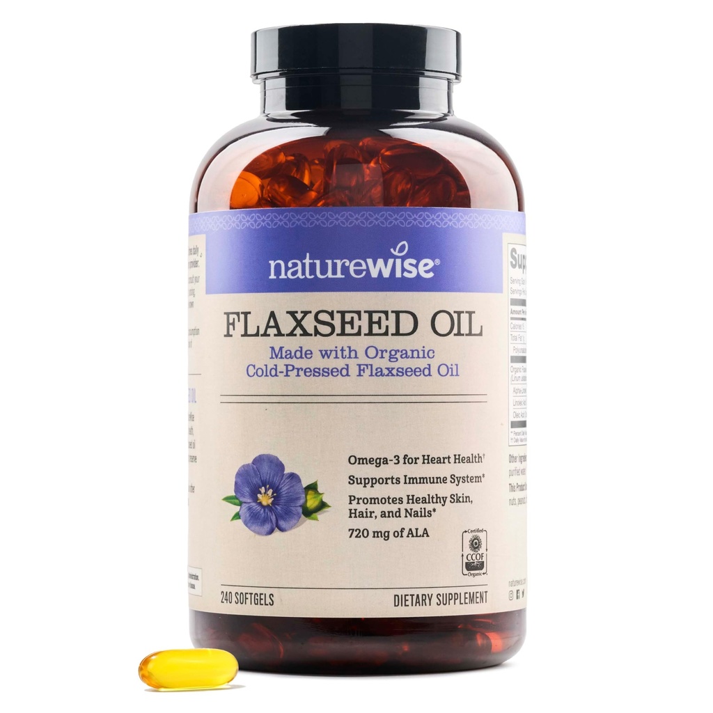 NatureWise Flaxseed Oil 1,242 mg, Fish Free Omega 3 6 9 cu 720mg ALA, Supliment alimentar pentru Heart Health Support - Organic, Cold Pressed, Non-GMO - 240 Softgels[8-Month Supply]