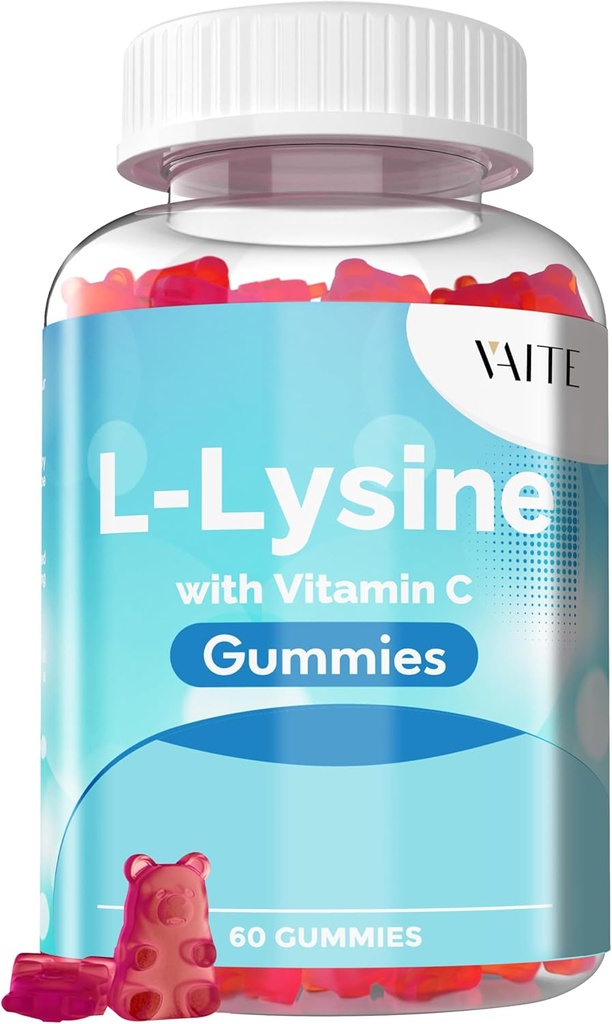 VAITE L-Lysine 800mg Gummies cu vitamina C - Piele, Lip & Cold Sore* Suport pentru femei - Lysine pentru adulți, Sprijină Sănătatea țesuturilor și sistemul imunitar, Aminoacid & Suplimente complexe, 60 Vegan Chewable