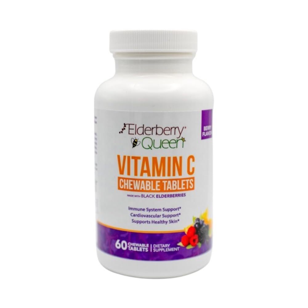 Elderberry Queen Chewable Vitamina C 500mg - Immun Boost & Antioxidant suplimente de sprijin cu vitamina A, E & Organic Echinacea, Elder Fruit, Acerola - Supliment alimentar natural, 60 Conte