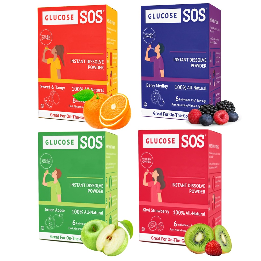 Glucoză SOS Pachete de glucoză cu dextroză naturală, absorbţie rapidă care se dizolvă instantaneu în gură fără apă necesară, 4 arome Varietate 24 Serviri