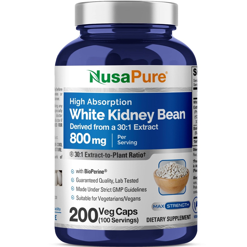 NusaPure White Rinichi fasole 30:1 Extract, 800 mg echivalent cu 24.000 mg 200 Vegan capsule - Bioperine - (Vegan, Non-GMO)