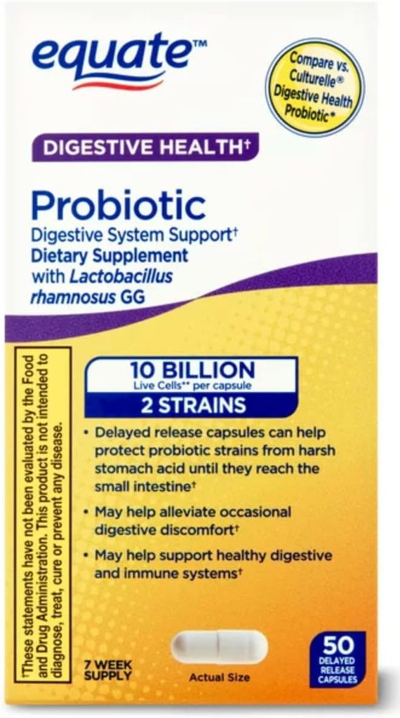 Equate Supplement Probiotic Supplement Digestive System Support - Global Digestive Health Support - Minimizează Constipație, Diaree, Gaz & Blooting - Capsule cu eliberare întârziată, 50 Conte