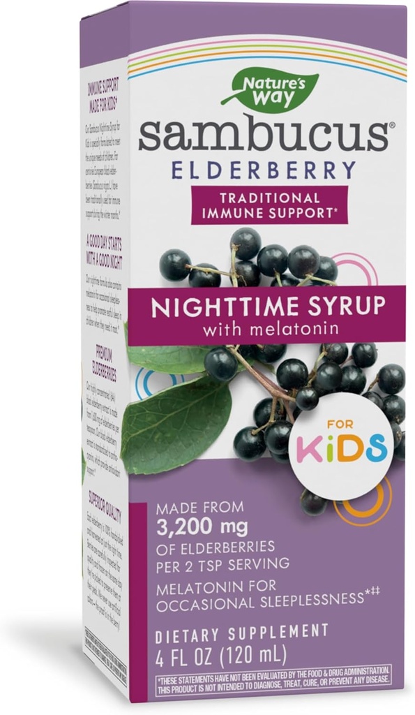 Natura's Way Sambucus Elderberry Nighttime Syrup pentru copii cu melatonina, Immune Support*, 4 Fl Oz