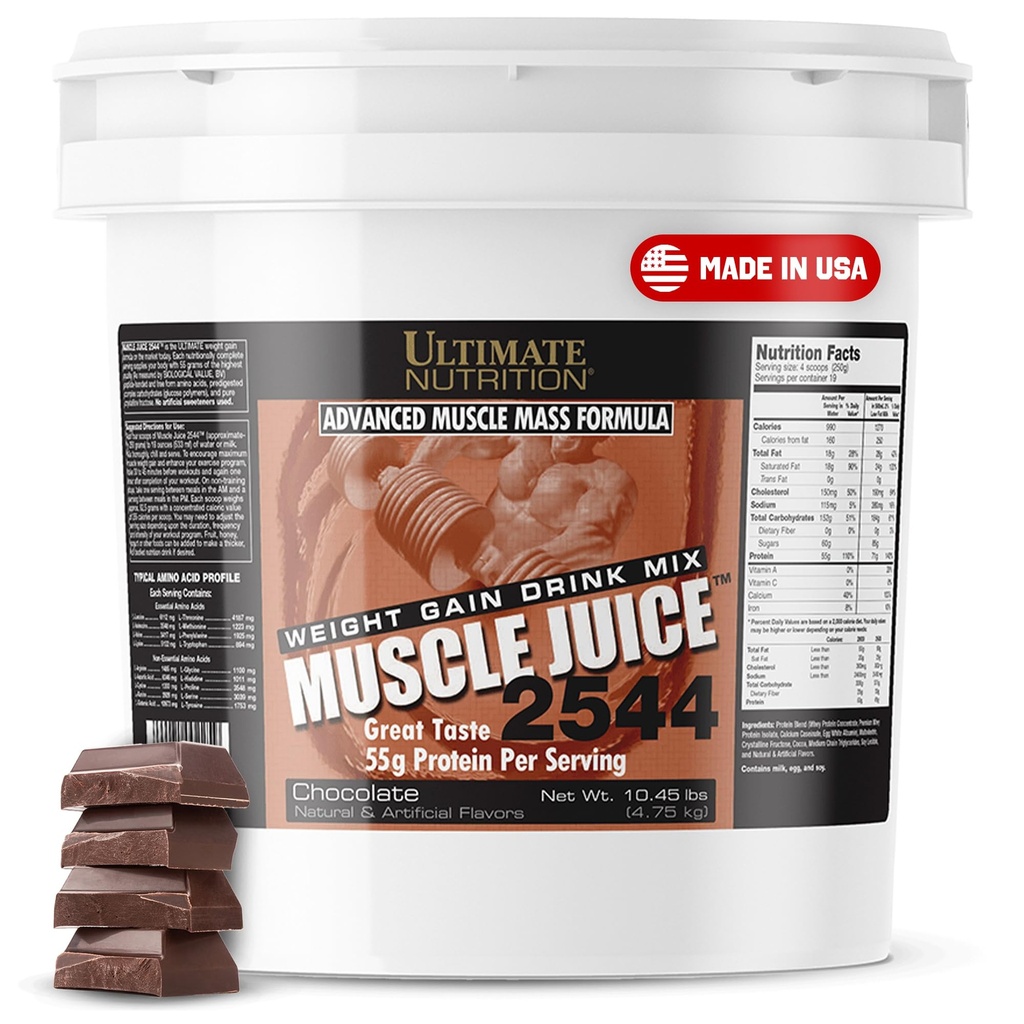 Ultimate Nutritie Muscle Juice, Greutate Gain Drink Mix - Mass Gainer Pudră de antrenament pentru bărbați și femei - Supliment pentru Lean musculare de creștere și sprijin imunitar cu 55g Proteina - Ciocolata, 10.45lb
