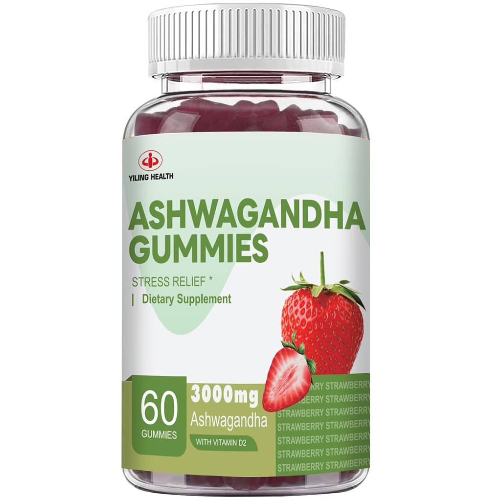 YiLing Ashwagandha Gummies pentru femei si barbati, 3000 Mg de extract de root Ashwagandha potenteaza energia, imbunatateste somnul, linisteste stresul si calmul, 60 Conte Flavoare de capsuni Ashwagandha
